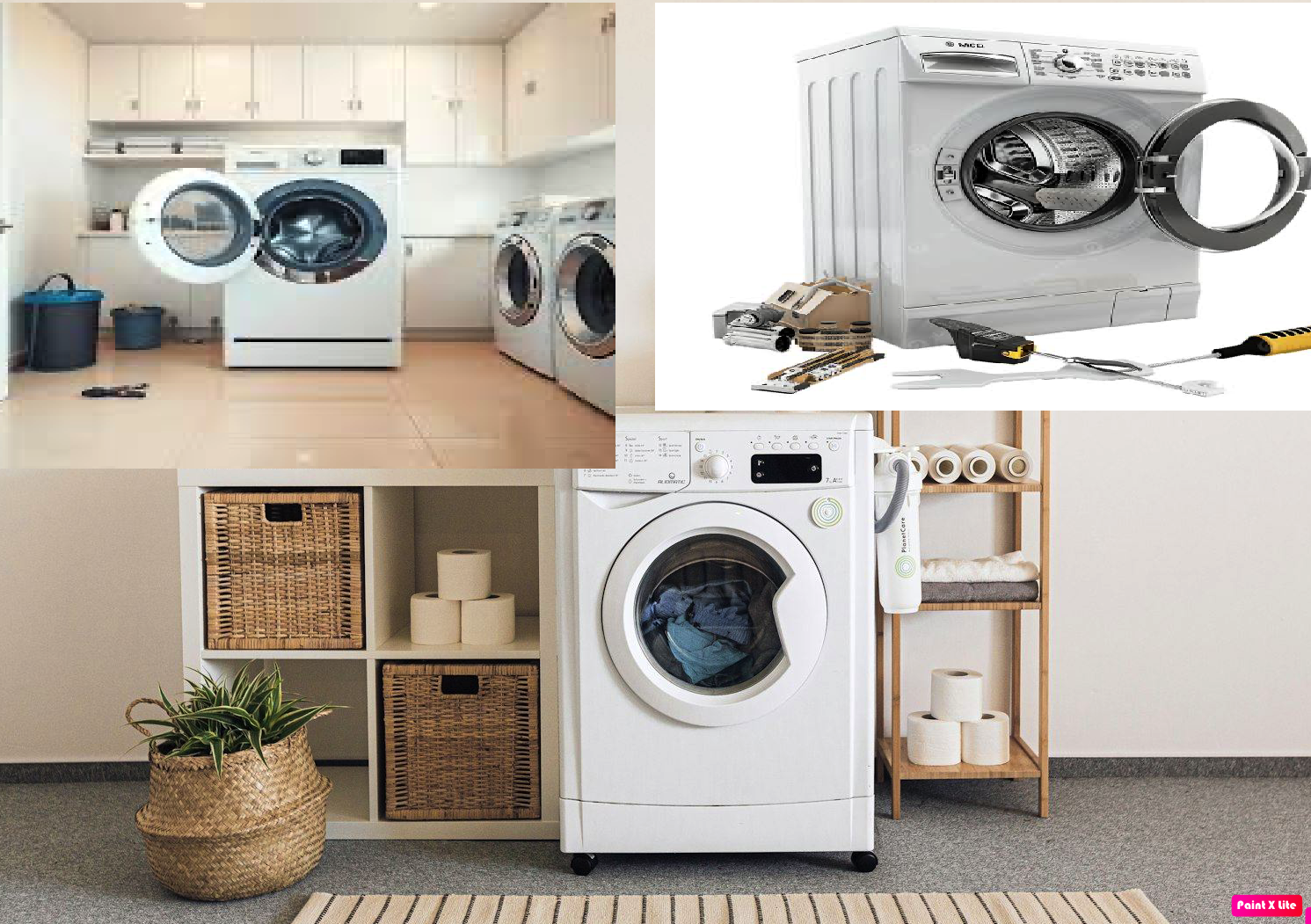 White front-load washing machine in a laundry room